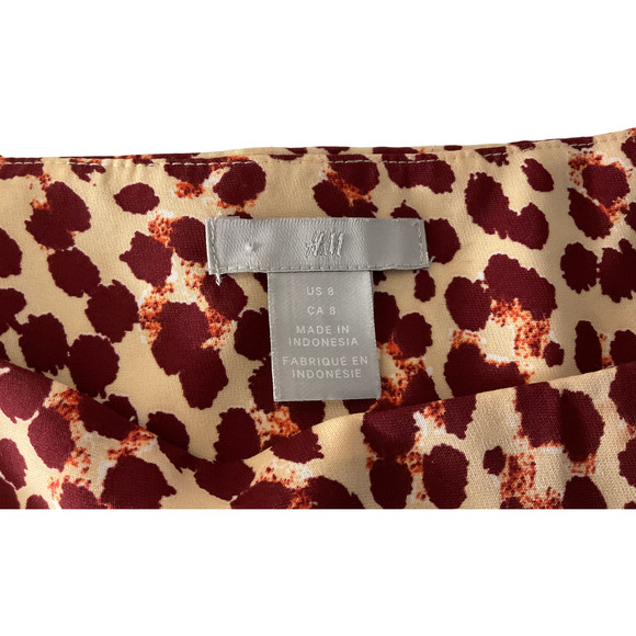 H&M Women's Dress Size 8 Soft Leopard Print 3/4 Sleeve Tie Waist Cream Red - Picture 3 of 13
